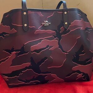Coach Red and Black Camouflage Leather Tote